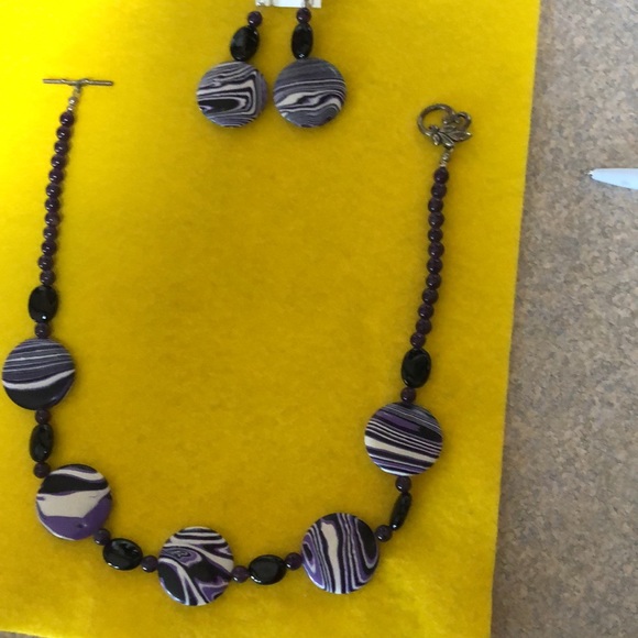 Beautiful NWOT Artisan- Made Purple, Black & White Necklace and Earrings Set - Picture 6 of 7